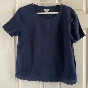 J. Crew Navy Blue Linen Scalloped Blouse